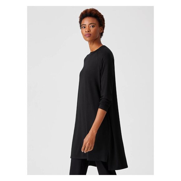 EILEEN FISHER Long Sleeve Viscose Jersey Crew Neck Dress Black - Picture 2 of 7